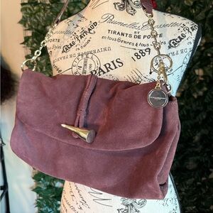 Donna Karan cows leather suede handbag with chain handle. Cindy East West